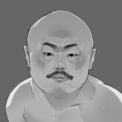Rule 34 | 1boy, bald, facial hair, grey background, greyscale, looking at viewer, male focus, monochrome, mustache, original, parted lips, sashizume soutarou, solo, topless male, upper body
