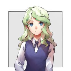 Rule 34 | 10s, 1girl, blue eyes, diana cavendish, green hair, little witch academia, long hair, looking at viewer, sayasora, school uniform, simple background, smile, solo, upper body, vest