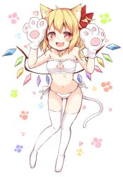 Rule 34 | 1girl, :d, animal ears, animal hands, bandeau, bare arms, bare shoulders, bell, blonde hair, blush, breasts, cat cutout, cat day, cat ears, cat lingerie, cat tail, choker, cleavage, cleavage cutout, clothing cutout, collarbone, commentary request, crystal, fang, flandre scarlet, full body, gloves, groin, hair between eyes, hair ribbon, hands up, heart, highres, jingle bell, kemonomimi mode, looking at viewer, medium breasts, meme attire, miy@, navel, neck bell, no headwear, no shoes, one side up, open mouth, panties, paw gloves, paw print, paw print background, red eyes, red ribbon, ribbon, short hair, side-tie panties, smile, solo, stomach, tail, thighhighs, thighs, touhou, underwear, underwear only, white background, white choker, white panties, white thighhighs, wings