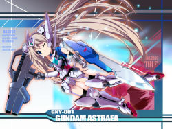 00s armor astraea_gundam blue_eyes gun gundam gundam_00 gundam_00p long_hair mecha_musume solo sword weapon