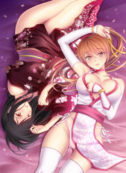 Rule 34 | 2girls, black hair, blush, breasts, brown eyes, brown hair, cleavage, dead or alive, elbow gloves, gloves, japanese clothes, kasumi (doa), kimono, kokoro (doa), large breasts, long hair, looking at viewer, lying, mikii, multiple girls, on back, panties, pelvic curtain, petals, ponytail, tecmo, thighhighs, underwear, white legwear