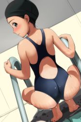 Rule 34 | 1girl, absurdres, ass, backless swimsuit, bare arms, bare legs, bare shoulders, barefoot, black hair, black headwear, black one-piece swimsuit, blush, brown eyes, closed mouth, dutch angle, highres, looking at viewer, looking back, matsunaga kouyou, nose blush, one-piece swimsuit, original, pool ladder, profile, soles, solo, spread legs, squatting, swim cap, swimsuit, wet