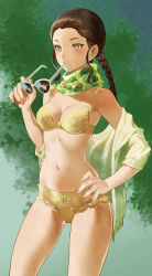 Rule 34 | 1girl, bow, bow bra, bow panties, bra, braid, breasts, brown eyes, cleavage, commentary, contrapposto, floral print, green scarf, hair slicked back, hand on own hip, lace, lace-trimmed panties, lace trim, lingerie, medium breasts, navel, no bangs, original, panties, salmon88, scarf, solo, standing, stomach, sweater, twin braids, twintails, underwear, underwear only, white-framed eyewear, yellow bra, yellow panties