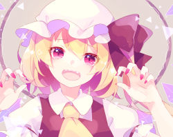 Rule 34 | 1girl, arms up, ascot, asymmetrical hair, blonde hair, blush, bow, claw pose, collared shirt, commentary request, crystal, eyelashes, fangs, flandre scarlet, grey background, hat, highres, looking at viewer, mob cap, nail polish, one side up, open mouth, puffy short sleeves, puffy sleeves, red bow, red eyes, red nails, red vest, shinketsu kanyu, shirt, short hair, short hair with long locks, short sleeves, simple background, solo, standing, teeth, touhou, upper body, upper teeth only, vest, white hat, white shirt, wing collar, wings, yellow ascot