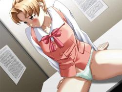 Rule 34 | 00s, 1girl, arm support, blush, bottomless, bow, bowtie, brown hair, desk, dutch angle, embarrassed, fujiyama mayumi, game cg, green panties, lace, lace panties, leaning back, lingerie, lingeries, lingeries office, looking away, miura takehiro, no pants, office lady, panties, purple eyes, short hair, sitting, solo, spread legs, underwear