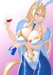 Rule 34 | 1girl, absurdres, alcohol, animal ears, arm under breasts, artoria pendragon (all), artoria pendragon (fate), artoria pendragon (lancer) (fate), artoria pendragon (swimsuit ruler) (fate), blonde hair, blue necktie, blue pantyhose, braid, breast hold, breasts, card, cleavage, closed mouth, clothing cutout, cup, detached collar, drinking glass, fate/grand order, fate (series), feather boa, fishnet pantyhose, fishnets, french braid, green eyes, highleg, highleg leotard, highres, holding, holding cup, large breasts, leotard, long hair, looking at viewer, navel cutout, necktie, pantyhose, playboy bunny, playing card, ponytail, rabbit ears, short necktie, solo, the flying toaster, tiara, white leotard, wine, wine glass, wrist cuffs