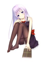 Rule 34 | 1girl, absurdres, black dress, black pantyhose, blue eyes, book, collarbone, dress, feet, feet together, flan (seeyouflan), full body, head tilt, heart, highres, long hair, looking at viewer, no shoes, original, panties, panties under pantyhose, pantyhose, red ribbon, ribbon, silver hair, simple background, smile, solo, toes, underwear, white background, white panties