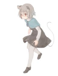 Rule 34 | &gt;:o, 1girl, :o, akagashi hagane, animal ears, blush, capelet, full body, grey hair, grey pantyhose, jewelry, mouse ears, mouse tail, nazrin, necklace, open mouth, pantyhose, pendant, red eyes, shoes, short hair, silver legwear, simple background, solo, tail, touhou, v-shaped eyebrows, white background