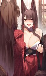 Rule 34 | 2girls, :d, @ @, absurdres, akagi (azur lane), amagi (azur lane), animal ears, azur lane, black kimono, blush, breasts, brown hair, cleavage, detached collar, eyeshadow, facing viewer, fang, fox ears, fox girl, fox tail, from behind, hair ornament, hair over one eye, hairclip, hand up, highres, indoors, japanese clothes, kimono, kitsune, large breasts, long hair, looking at another, makeup, multiple girls, multiple tails, off shoulder, open mouth, print kimono, red eyes, red eyeshadow, red kimono, red skirt, sakura empire (emblem), samip, skirt, smile, tail, very long hair, you gonna get raped, yuri