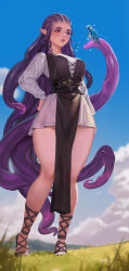 Rule 34 | 1girl, absurdres, bare legs, bird, breasts, cloud, day, full body, grass, hand on own hip, highres, holy meh, lips, long hair, medium breasts, original, outdoors, parted lips, pelvic curtain, pointy ears, purple eyes, purple hair, sandals, sky, solo, standing, tentacle hair, thighs, toes, very long hair