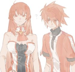 Rule 34 | 1boy, 1girl, ?, brother and sister, closed mouth, elesis (elsword), elsword, elsword (character), grand master (elsword), highres, jacket, linbai22, long hair, looking at viewer, red eyes, red hair, shirt, short hair, siblings, sketch, sleeveless, sleeveless shirt, sword knight (elsword), turtleneck, white background