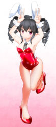 Rule 34 | 1girl, animal ears, black hair, darkness iii, detached collar, double v, drill hair, fake animal ears, fishnet pantyhose, fishnets, highres, leotard, long hair, optronics, pantyhose, playboy bunny, pointy ears, rabbit ears, red eyes, ribbon, solo, twintails, v, viprpg, wrist cuffs