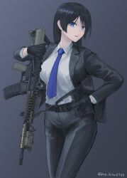 Rule 34 | 1girl, absurdres, assault rifle, black gloves, black hair, black jacket, black pants, blue eyes, blue necktie, breasts, collared shirt, commentary request, commission, d-sawa613, dress shirt, gloves, grey background, gun, highres, holding, holding gun, holding weapon, jacket, long hair, long sleeves, looking at viewer, m4 carbine, m4 sopmod ii, medium breasts, necktie, open clothes, open jacket, original, pants, parted bangs, parted lips, rifle, shirt, simple background, skeb commission, solo, twitter username, very long hair, weapon, white shirt