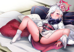 Rule 34 | 1girl, absurdres, bag, bear paw s, black panties, blue archive, blush, cushion, floral print, flower, grin, hair flower, hair ornament, halo, highres, japanese clothes, kimono, looking at viewer, lying, mutsuki (blue archive), mutsuki (new year) (blue archive), obi, on back, panties, pink eyes, pink flower, pointy ears, sash, smile, solo, spread legs, tabi, underwear, white hair, wide sleeves