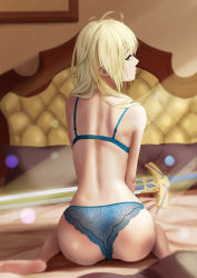 Rule 34 | 1girl, ahoge, alternate hairstyle, antenna hair, artoria pendragon (all), artoria pendragon (fate), ass, back, bare shoulders, bed, bed sheet, blonde hair, blue bra, blue panties, blurry, bra, closed mouth, day, depth of field, excalibur (fate/stay night), expressionless, eyelashes, fate/stay night, fate (series), from behind, green eyes, hair down, half-closed eyes, indoors, light particles, light rays, long hair, looking at viewer, looking back, on bed, panties, pillow, saber (fate), sitting, solo, sunbeam, sunlight, underwear, wariza, yunkaiming