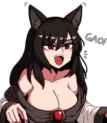 Rule 34 | 1girl, animal ear fluff, animal ears, breasts, brooch, cleavage, eyebrows hidden by hair, fangs, hair between eyes, imaizumi kagerou, jaggy lines, jewelry, large breasts, mole, mole on breast, open mouth, red eyes, simple background, solo, touhou, white background, wolf ears, wolf girl