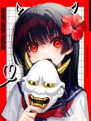 Rule 34 | 1girl, character request, dated, eyebrows hidden by hair, fangs, flower, hair flower, hair ornament, hibiscus, holding, holding mask, horns, kiritani846, long hair, m.s.s project, mask, oni mask, open mouth, red eyes, red flower, school uniform, serafuku, solo