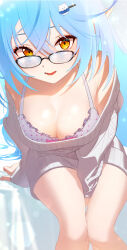 Rule 34 | 1girl, absurdres, arm support, bad kim, between legs, black-framed eyewear, blue hair, breasts, cable knit, camisole, character hair ornament, cleavage, commentary, crossed bangs, daifuku (yukihana lamy), english commentary, frilled camisole, frills, from above, glasses, grey sweater, hair between eyes, hair ornament, hairclip, hand between legs, highres, hololive, large breasts, long hair, looking at viewer, messy hair, multicolored hair, no pants, off-shoulder sweater, off shoulder, official alternate costume, pointy ears, polka dot camisole, sitting, solo, streaked hair, sweater, very long hair, virtual youtuber, white camisole, yellow eyes, yukihana lamy