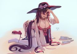 Rule 34 | all fours, ark order, bikini, blush, bottle, breasts, cleavage, fang, hair ornament, hat, highres, large breasts, long hair, looking at viewer, navel, off shoulder, open mouth, plus hair ornament, purple hair, red bikini, red eyes, red footwear, shirt, shoes, unworn shoes, sidelocks, solo, swimsuit, thighhighs, very long hair, wet, white shirt, white thighhighs, wrist cuffs, yamata no orochi (ark order), you ni ge shaobing