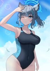 Rule 34 | 1girl, absurdres, animal ear fluff, animal ears, arm up, armpits, black one-piece swimsuit, blue archive, blue eyes, blue one-piece swimsuit, blue sky, breasts, cleavage, closed mouth, cloud, collarbone, competition swimsuit, covered navel, cross hair ornament, day, feathers, grey hair, hair ornament, highres, kumomokka, mecha, medium breasts, one-piece swimsuit, one eye closed, outdoors, robot, shiroko (blue archive), shiroko (swimsuit) (blue archive), short hair, sidelocks, sky, solo, standing, swimsuit, two-tone swimsuit