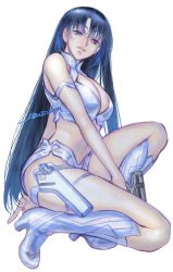 Rule 34 | 1girl, blue eyes, blue hair, boots, breasts, cleavage, cleavage cutout, clothing cutout, crop top, dirty pair, gun, head tilt, high heel boots, high heels, highres, holding, holding gun, holding weapon, large breasts, long hair, looking at viewer, navel, parted lips, solo, squatting, stomach, very long hair, weapon, white background, white footwear, yonemura kouichirou, yuri (dirty pair)