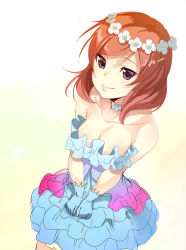 Rule 34 | 10s, 1girl, ajishio, blue dress, blue gloves, breasts, brown hair, choker, cleavage, downblouse, dress, gloves, hands on lap, head wreath, looking at viewer, love live!, love live! school idol festival, love live! school idol project, medium breasts, nishikino maki, purple eyes, red hair, short hair, sketch, smile, solo, strapless, strapless dress, v arms, white background