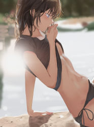 Rule 34 | 1girl, absurdres, arm support, bad id, bad pixiv id, bikini, bikini bottom only, black bikini, blue eyes, blurry, blurry background, breasts, brown hair, closed mouth, clothes lift, day, depth of field, from side, highres, jenmin12, leaning back, lifting own clothes, looking down, navel, original, outdoors, shirt lift, short hair, short sleeves, sitting, small breasts, solo, stomach, sunlight, swimsuit, underboob, water