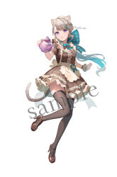 Rule 34 | 1girl, :o, alternate costume, animal ears, apron, black thighhighs, blue bow, blue hair, bow, breasts, brown dress, brown footwear, cat ears, cat girl, cat tail, cleavage, dress, enmaided, frilled dress, frills, genshin impact, grey hair, hair ornament, high heels, highres, holding, holding teapot, long hair, lynette (genshin impact), maid, maid headdress, medium breasts, omelet tomato, parted lips, plaid, plaid dress, purple eyes, sample watermark, shoes, signature, simple background, solo, tail, teapot, thighhighs, very long hair, waist apron, watermark, white apron, white background, x hair ornament