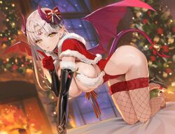 Rule 34 | 1girl, all fours, black footwear, blush, breasts, christmas, christmas tree, commentary, demon girl, demon horns, demon tail, demon wings, gloves, hair ornament, hand out of frame, high heels, highres, horns, indoors, large breasts, long hair, looking at viewer, original, parted bangs, parted lips, pointy ears, red gloves, sideboob, slit pupils, solo, tail, thighs, white hair, wings, yd (orange maru), yellow eyes