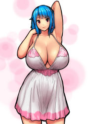 Rule 34 | 1girl, arm behind head, blue hair, blush, breasts, cleavage, curvy, dress, erkaz, hairband, highres, huge breasts, lips, looking at viewer, medium hair, nightgown, original, pink background, purple eyes, rina atherina, smile, solo, thighs, white dress, white hairband