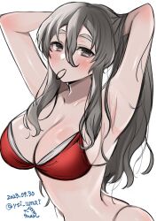Rule 34 | 1girl, arms behind head, bikini, breasts, brown eyes, cleavage, grey hair, highres, kantai collection, large breasts, leaning forward, mouth hold, one-hour drawing challenge, pola (kancolle), red bikini, rubber band, simple background, solo, swimsuit, thick eyebrows, toriniku senshi chikinman, upper body, wavy hair, white background