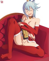 Rule 34 | 1girl, absurdres, aqua (konosuba), artist name, bare shoulders, bell, black collar, blue hair, bottle, breasts, censored, cleavage, collar, commentary, drunk, elbow gloves, english commentary, closed eyes, gloves, hair bobbles, hair ornament, highres, keihh, kono subarashii sekai ni shukufuku wo!, long hair, medium breasts, mosaic censoring, neck bell, open mouth, pussy, red gloves, red thighhighs, santa costume, sitting, solo, spread legs, thighhighs, tongue, watermark, wine bottle