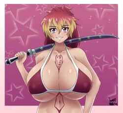 Rule 34 | 1girl, ao no exorcist, artist name, azraelwebster, bikini, bikini top only, blonde hair, blush, breasts, cleavage, collarbone, covered erect nipples, eyelashes, hand on own hip, highres, holding, holding sword, holding weapon, huge breasts, kirigakure shura, looking at viewer, multicolored hair, navel, ponytail, purple eyes, red hair, smile, solo, standing, stomach tattoo, swimsuit, sword, tattoo, two-tone hair, underboob, upper body, weapon