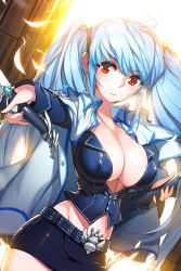 Rule 34 | 1girl, belt, black jacket, black skirt, blue hair, breasts, buckle, buttons, cleavage, collarbone, covered erect nipples, dual wielding, floating hair, groin, highres, holding, jacket, large breasts, long hair, looking at viewer, luthica preventer, miniskirt, no bra, pencil skirt, red eyes, sheath, skirt, snowball22, solo, standing, sword, sword girls, twintails, weapon, wind