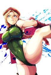 Rule 34 | 1girl, beret, blonde hair, blue eyes, braid, breasts, cammy white, chest harness, commentary request, covered navel, gloves, green leotard, harness, hat, heattech leotard, highleg, highleg leotard, large breasts, leg up, leotard, long hair, low twintails, red gloves, red hat, rurru (pixiv86629655), scar, scar on face, solo, standing, standing on one leg, street fighter, turtleneck, twin braids, twintails