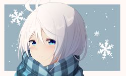 Rule 34 | .live, 1girl, antenna hair, bad id, bad pixiv id, blue eyes, blue scarf, choco (chocovix112), closed mouth, hair between eyes, highres, parted bangs, plaid, plaid scarf, portrait, scarf, silver hair, dennou shoujo siro, smile, snowflake background, solo, virtual youtuber