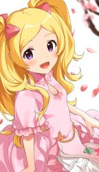 Rule 34 | 1girl, :d, blonde hair, blush, bow, breasts, cherry blossoms, dress, emily stewart, hair bow, highres, idolmaster, idolmaster million live!, idolmaster million live! theater days, inuyama nanami, long hair, looking at viewer, open mouth, petals, pink dress, purple eyes, red bow, short sleeves, small breasts, smile, solo, twintails