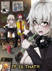 black_choker black_footwear breasts burger choker cleavage drinking_straw english_text exhibitionism fate/grand_order fate_(series) food grey_hair highres holding holding_burger holding_food jamshrimpy ketchup looking_at_viewer mcdonald&#039;s mimic pointing pointing_at_another public_indecency scared soda spread_legs thighhighs wide-eyed