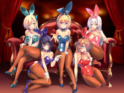 Rule 34 | 108 gou, 10s, 5girls, :d, :o, alternate costume, animal ears, aqua eyes, arm support, ass, bare shoulders, between breasts, between legs, black hair, black legwear, blonde hair, blue eyes, blue leotard, blush, boku wa tomodachi ga sukunai, bow, bowtie, breasts, brown eyes, brown hair, brown legwear, butterfly hair ornament, charlotte dunois, cleavage, couch, crossed legs, crossover, curtains, detached collar, embarrassed, evangelion: 3.0 you can (not) redo, eyepatch, fake animal ears, fake tail, full body, hair between eyes, hair ornament, hair ribbon, hairband, hand between legs, hand on own knee, harem, high heels, highleg, highleg leotard, highres, indoors, infinite stratos, kantai collection, kashiwazaki sena, kneeling, large breasts, leaning, leotard, lipstick, long hair, looking at viewer, makeup, mikazuki yozora, multiple girls, neon genesis evangelion, open mouth, outstretched hand, pantyhose, parted bangs, playboy bunny, ponytail, purple eyes, rabbit ears, rabbit tail, raised eyebrows, rebuild of evangelion, red leotard, ribbon, shiny clothes, shoes, short hair, shoukaku (kancolle), sideboob, silver hair, sitting, smile, souryuu asuka langley, strapless, strapless leotard, tail, tassel, thigh gap, tongue, tongue out, twintails, two side up, untying, wrist cuffs