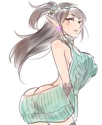 Rule 34 | 1girl, ass, black hair, breasts, elf, long hair, paladins, pointy ears, simple background, sketch, white background, ying (paladins)