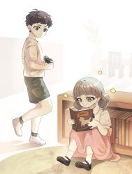 Rule 34 | 1boy, 1other, black hair, book, fear &amp; hunger, fear &amp; hunger 2: termina, green shorts, grey hair, highres, holding, holding book, holding toy, levi (fear &amp; hunger), library, lilio, looking at another, marina (fear &amp; hunger), pink skirt, reading, shirt, short twintails, shorts, sitting, skirt, toy, trap, twintails, white shirt