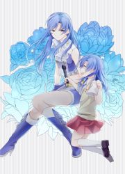 Rule 34 | 2girls, a4s1k4, belt, blue flower, blue hair, blue rose, child, clenched hands, dual persona, flower, highres, idolmaster, idolmaster (classic), kisaragi chihaya, long hair, microphone, multiple girls, open mouth, rose, school uniform, short sleeves, sleeveless, smile, yellow eyes, aged down
