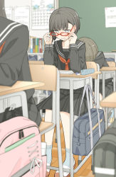 Rule 34 | 3girls, backpack, bag, black sailor collar, black serafuku, black shirt, black skirt, blurry, blurry background, blush, calendar (object), chair, commentary request, depth of field, desk, glasses, grey eyes, highres, indoors, multiple girls, neckerchief, on chair, original, parted lips, pleated skirt, red-framed eyewear, red neckerchief, sailor collar, school bag, school chair, school desk, school uniform, serafuku, shirt, sitting, skirt, solo focus, sweat, usui harusame, wavy mouth