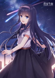 Rule 34 | 1girl, :d, belt, black hair, black skirt, blue eyes, blush, brown belt, character request, commentary request, copyright name, falling star, hitsuki rei, long hair, looking at viewer, night, night sky, open mouth, pleated skirt, railing, shirt, short sleeves, skirt, skirt hold, sky, smile, snowdreams -lost in winter-, solo, star (sky), starry sky, very long hair, watch, white shirt, wristwatch