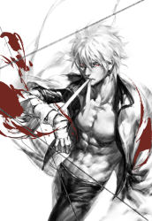 Rule 34 | 1boy, abs, bandaged arm, bandages, cowboy shot, gintama, glowing, glowing eyes, hair between eyes, hangleing, looking at viewer, male focus, motion blur, mouth hold, muscular, open clothes, pants, red eyes, sakata gintoki, simple background, solo, spot color, topless male, white background