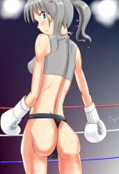 Rule 34 | 1girl, artist request, ass, back, black panties, blue eyes, blush, boxing, boxing gloves, boxing ring, bra, from behind, grey hair, legs, long hair, looking at viewer, original, panties, smile, solo, sports bra, standing, sweat, thighs, thong, underwear, white bra