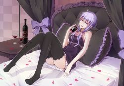 Rule 34 | 1girl, alcohol, bad id, bad pixiv id, bare shoulders, bed, bottle, cellphone, glass, iphone, long hair, looking at viewer, open mouth, petals, phone, purple eyes, purple hair, puuzaki puuna, sitting, smartphone, smile, solo, thighhighs, twintails, vocaloid, voiceroid, wine, yuzuki yukari, zettai ryouiki