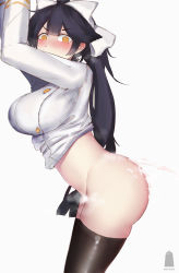 Rule 34 | 1girl, arms up, ass, azur lane, black hair, black pantyhose, blush, bottomless, bow, breasts, brown eyes, buttons, clothes pull, convenient censoring, covered mouth, cum, cum on body, cum on lower body, doveop, ejaculation, embarrassed, gloves, hair bow, hair flaps, highres, jacket, jacket pull, large breasts, logo, long hair, looking at viewer, looking back, military, military uniform, pantyhose, ponytail, sidelocks, signature, simple background, solo, steam, steam censor, sweat, takao (azur lane), thighs, uniform, very long hair, white background, white bow