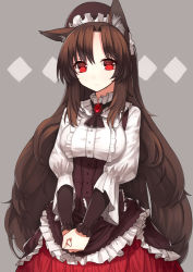 Rule 34 | 1girl, adapted costume, animal ears, arm warmers, blouse, breasts, brooch, brown hair, corset, cowboy shot, detached collar, frilled shirt, frills, hair over shoulder, highres, imaizumi kagerou, jewelry, large breasts, layered sleeves, long hair, long sleeves, looking at viewer, own hands together, parted bangs, red eyes, red skirt, sh (shinh), shirt, short over long sleeves, short sleeves, sidelocks, skirt, solo, touhou, underbust, v arms, very long hair, victorian, white shirt, wolf ears