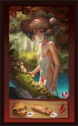 Rule 34 | 1girl, absurdres, blush, breasts, cowboy shot, female focus, green eyes, highres, kfc, looking at viewer, mushroom, mushroom girl, nature, nipples, nude, original, outdoors, partially submerged, personification, saber 01, sketch, small breasts, smile, solo, wading, water